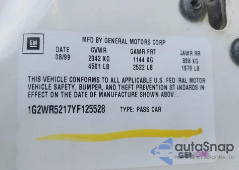 2000 Pontiac Grand Prix Gtp z USA, uszkodzony, nr VIN 1G2WR5217YF125528